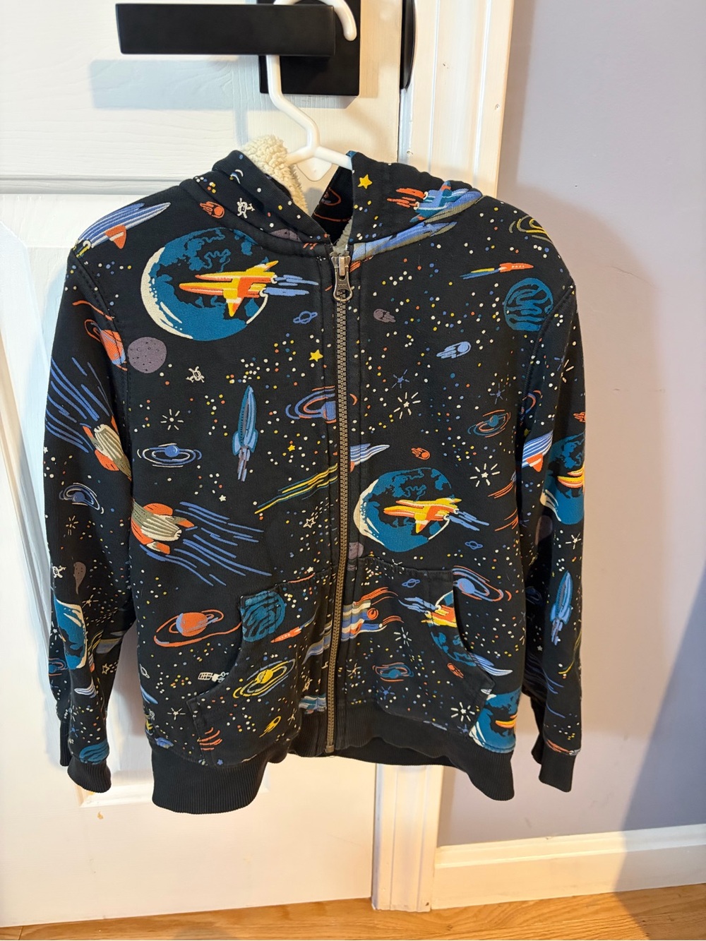 Hanna Andersson Kids Space Print Sherpa-Lined Zip Hoodie Jacket -6/7